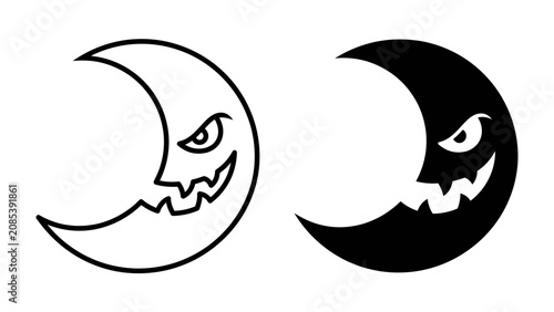 Cuadro en lienzo Spooky Crescent Moons: Two stylized crescent moons with menacing faces and jagged teeth, one outlined and the other filled in black, evoke a sense of Halloween fright and mystery