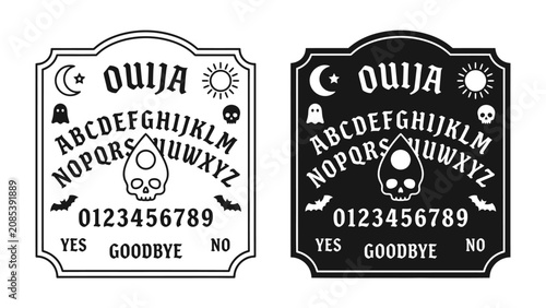 Принти на полотні Spiritual Communication Board Pair: A stark dual representation of a spiritual communication board, showcasing both a classic white and black variant, adorned with mystical symbols like a sun, moon