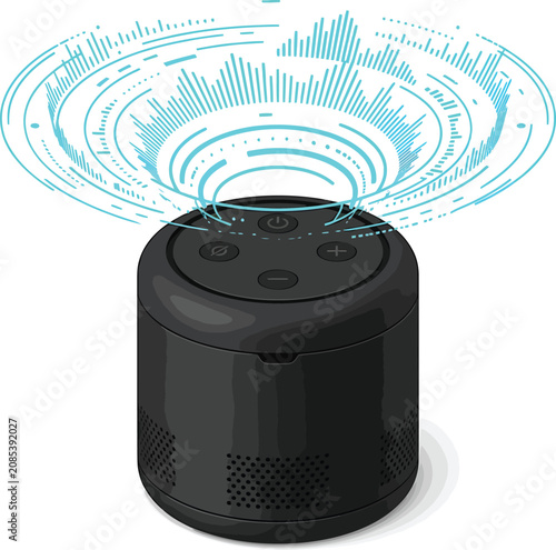 Black Wireless Speaker Emitting Sound Waves on White Background