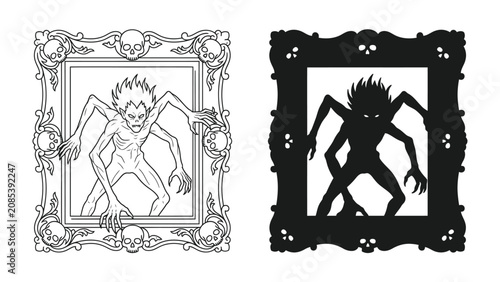 Quadro su tela Creepy Creature Portrait: A sinister, multi-limbed monster depicted in both line art and silhouette, trapped within an ornate, macabre frame adorned with skulls