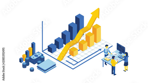 Growth Chart Showing Upward Trend in Business and Finance with Professionals Analyzing Data and Strategy
