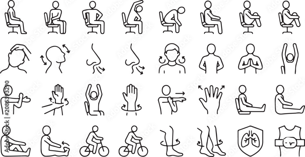 Obraz premium Office stretches and desk exercises line icon set for workplace wellness
