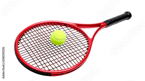Fotografi Red tennis racket with yellow ball on strings