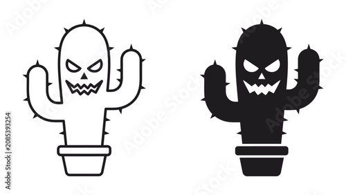 Foto Spooky Cactus Icons: A pair of stylized cactus illustrations, one in black and white outline and the other in solid black silhouette, both featuring a menacing skull-like face and sharp spines