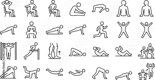Cuadro en lienzo Bodyweight exercise and fitness line icons set.