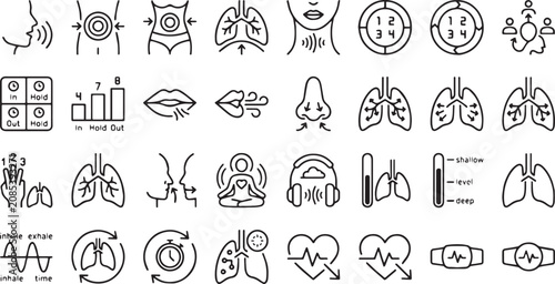 Deep breathing exercises and breathwork line icon set for mindfulness