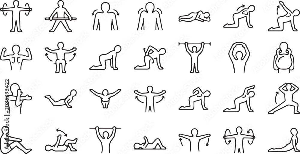 Obraz premium Physical therapy and spine stretching exercises line icons set. Back pain relief, yoga poses, and body rehabilitation linear vector symbols