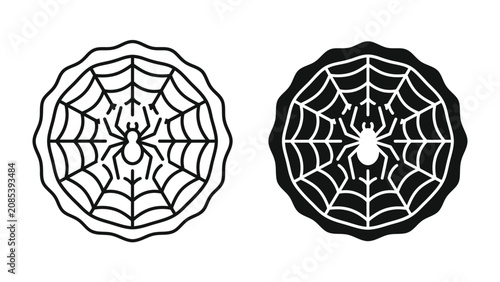 Spiderweb Icon: Two minimalist icons depicting a spider at the center of a web, rendered in both outline and solid black, symbolizing connection, complexity, and ingenuity.