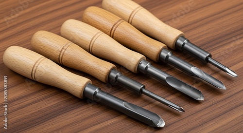 Woodworking Tools Chisels and Gouges arranged on a wooden table for craftsmanship.