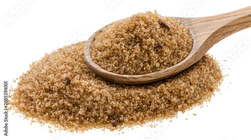 Obraz na plátne Brown sugar granules in wooden spoon and pile