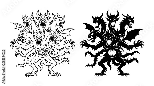 Billede på lærred Multi-Headed Monster Illustration: A fierce, multi-headed mythological creature with sharp claws, wings, and multiple menacing faces is depicted in both line art and silhouette