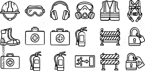 Canvastavla Vector safety icons set including hard hat, goggles, ear protectors, gas mask, f