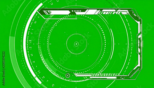Futuristic HUD Interface with Green Screen Background and Circular Digital Display Elements for Sci-Fi and Technology Concepts