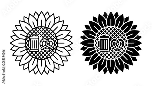Canvastavla Sunflower with Beer and Pretzel Motif: A graphic representation of a sunflower, featuring an outline and a solid silhouette, incorporates a beer mug and pretzel emblem within its seed pattern