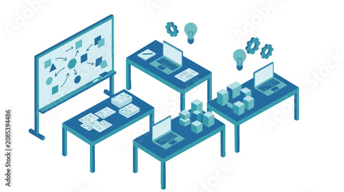 Startup Business Team Developing Innovative Strategies and Data Analysis in a Modern Isometric Office Workspace