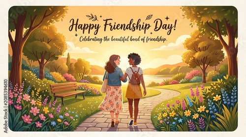 Happy Friendship Day greeting card, two best friends walking in a sunny park, beautiful bond of friendship illustration with flowers and trees