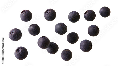 Canvas Print Scattered dark blue blueberries with visible calyx remnants
