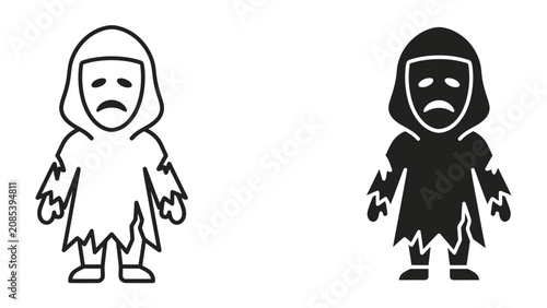 Vászonkép Sad Masked Figure: A stark, stylized representation of a cloaked figure wearing a sad mask, with tattered clothing, symbolizing grief, despair, or hidden sorrow