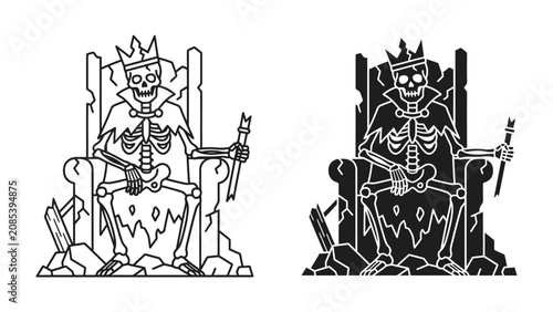 Konstfotografi Skeleton King on Throne: A skeletal monarch, adorned with a crown and tattered royal attire, sits regally upon a crumbling throne, holding a scepter