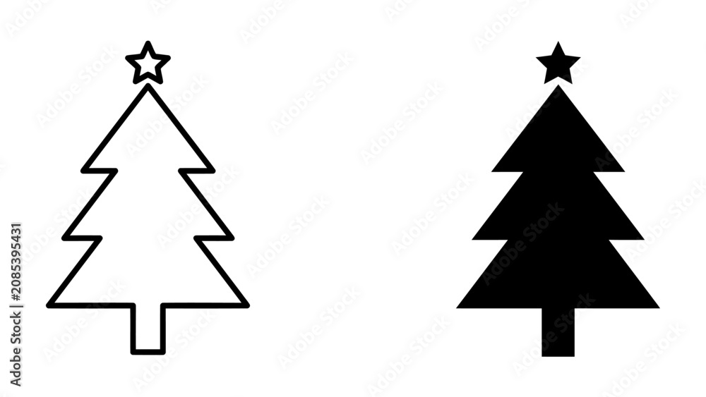 Obraz premium Christmas Tree Icons: A set of two Christmas tree icons, one outlined in black and white and the other a solid black silhouette, both topped with a star, perfect for festive graphic design.