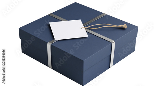 Fototapeta kuchenna Dark blue gift box with silver ribbon and blank tag