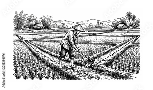 Vietnamese Farmer Irrigating Rice Field Hand Drawn Vector