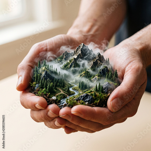 Person holding a tiny detailed mountain ecosystem with fog and pine trees in their cupped hands