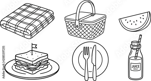 A collection of hand-drawn picnic themed vector line art elements featuring a checkered blanket, wicker basket, watermelon slice, sandwich, plate with cutlery, and juice bottle.