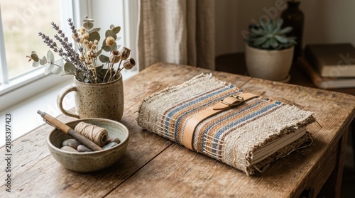 Fabric covered journal with leather strap closure on a wooden table. Rustic notebook for creative writing and journaling. Cozy home office atmosphere with dried flowers and stationery.