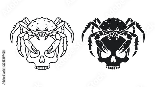 Φωτογραφία Spider and Skull: A striking graphic illustration featuring a spider with its menacing claws gripping a human skull, presented in both outline and solid black versions