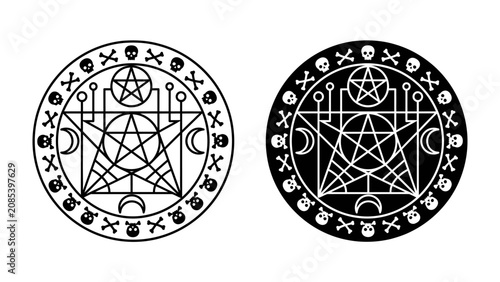 Foto Mystical Seal of the Occult: Two circular emblems, one black and one white, display intricate occult symbols including a pentagram, moons, and skulls
