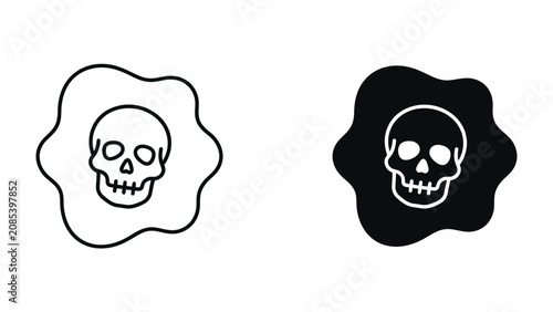 Foto Skull Icon with Splatter Effect: Two distinct skull icons, one outlined in white and the other solid black, both surrounded by an abstract splatter shape, representing danger or warning