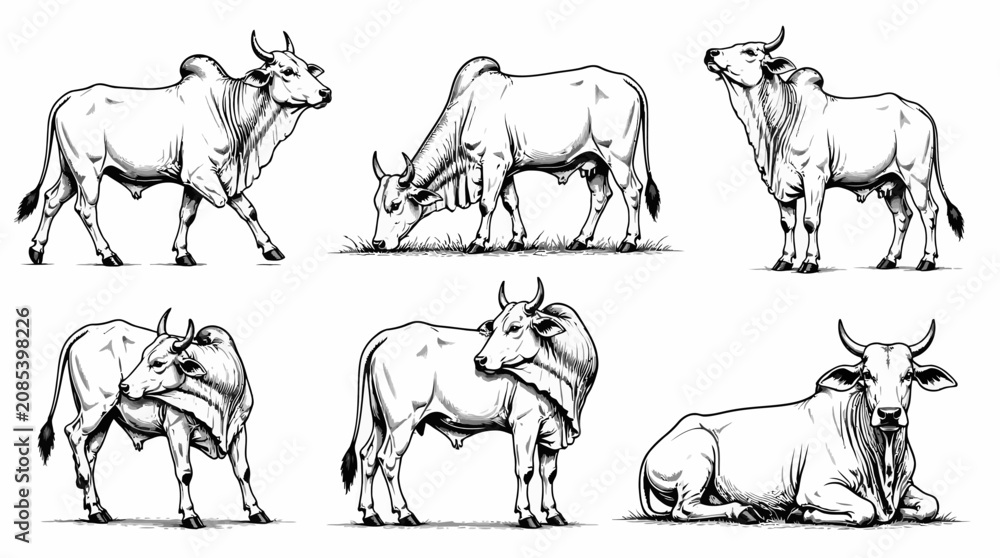 Fototapeta premium Zebu cattle in various poses, farm animals