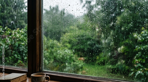 Cozy rainy day view from a window with a hot cup of coffee and a book overlooking a lush green garden