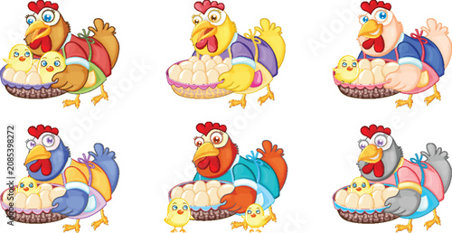 Fotografie Yellow baby bird hatching process collection with broken eggshell design element