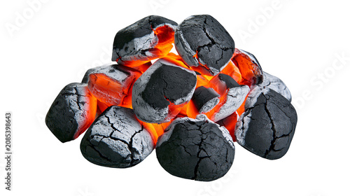 Obraz na plátně Glowing hot charcoal briquettes with orange embers