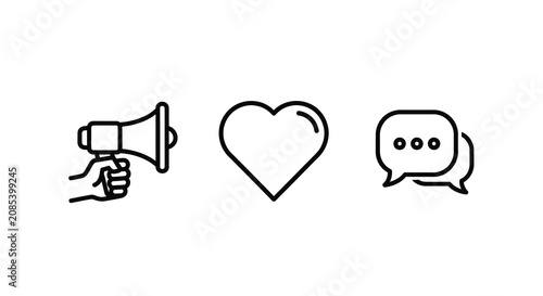 Loudspeaker heart and speech bubble icons in black line style