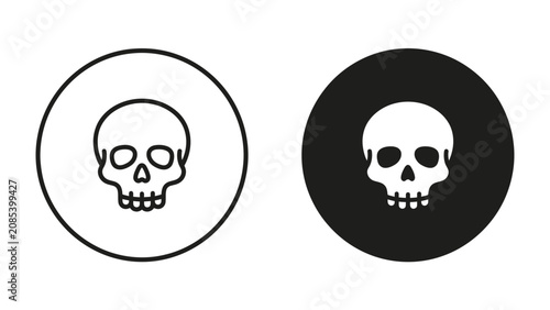 Εκτύπωση καμβά Skull Icon Set: A minimalist collection featuring a skull icon in both a white outline on a black circle and a black outline on a white circle, representing danger or death
