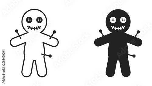 Fotografía Voodoo Doll Duo: Two stylized voodoo dolls, one outlined and one solid black, are depicted with pins, symbolizing dark magic and folklore
