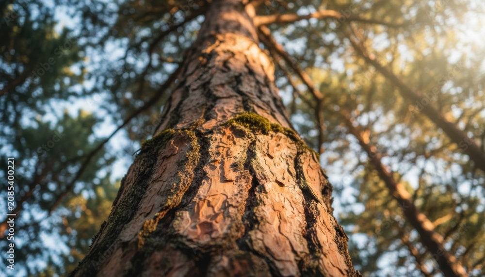 Fototapeta premium Low angle view of a tall pine tree trunk showing textured brown bark illuminated by warm golden hour sunlight filtering through the forest canopy