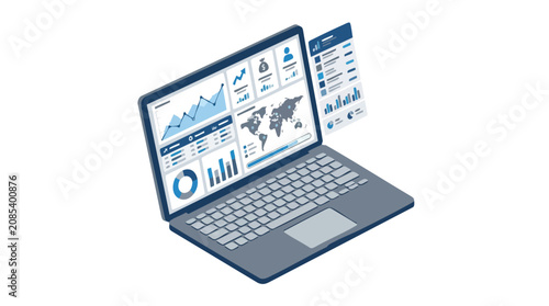 Isometric Laptop Showing a Detailed Business Data Analytics Dashboard for Financial Reporting and Market Research with Global Insights