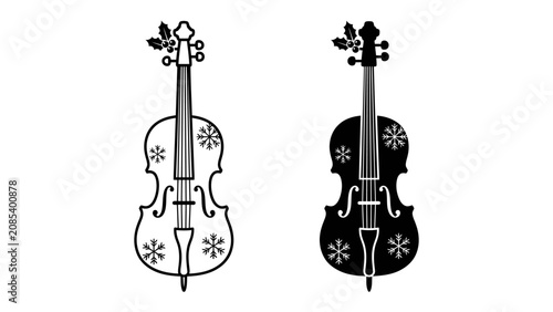 Quadro su tela Christmas Violin Duo: A festive black and white illustration showcases two violins adorned with festive holly and snowflake motifs, perfect for holiday-themed musical projects