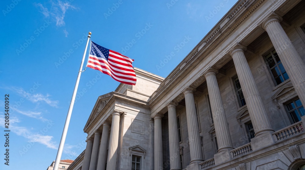 Obraz premium The American flag waving on a tall silver flagpole in front of a grand neoclassical stone building with massive columns under a clear blue sky
