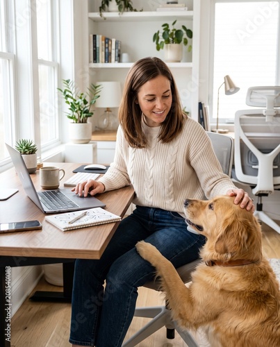 Woman working from home with friendly dog in home office