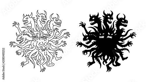 Photos Multi-headed monster, outline and silhouette: A monstrous creature with multiple heads, arms, and tentacles is depicted in both line art and solid silhouette form
