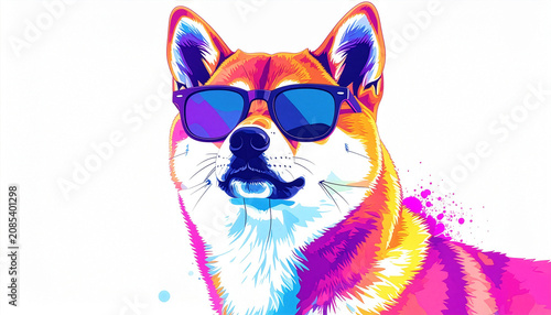 Portrait of colorful shiba inu wearing sunglasses with splatter art