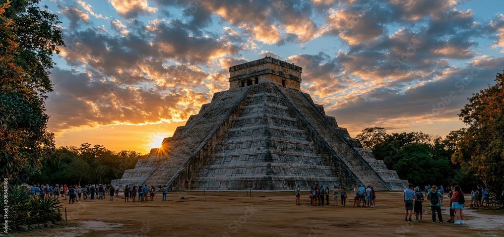 Obraz premium Ancient Mayan pyramid at Chichen Itza surrounded by lush jungle and visitors during a colorful sunset.