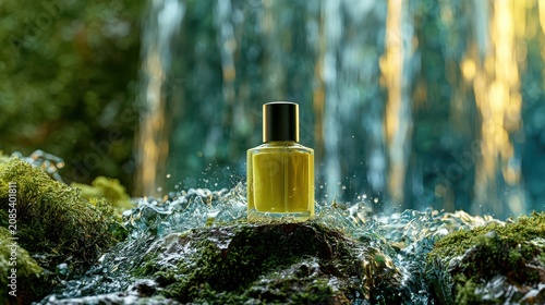 Yellow nail polish bottle mockup on mossy rock with splashing water and waterfall background
