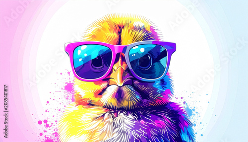 Colorful baby chick wearing sunglasses in pop art style