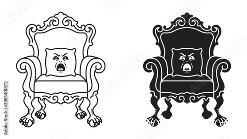 Cuadro en lienzo Grumpy Armchair with Angry Cushion: A vintage armchair, depicted in both line art and silhouette, features an embroidered cushion with a hilariously angry, screaming face